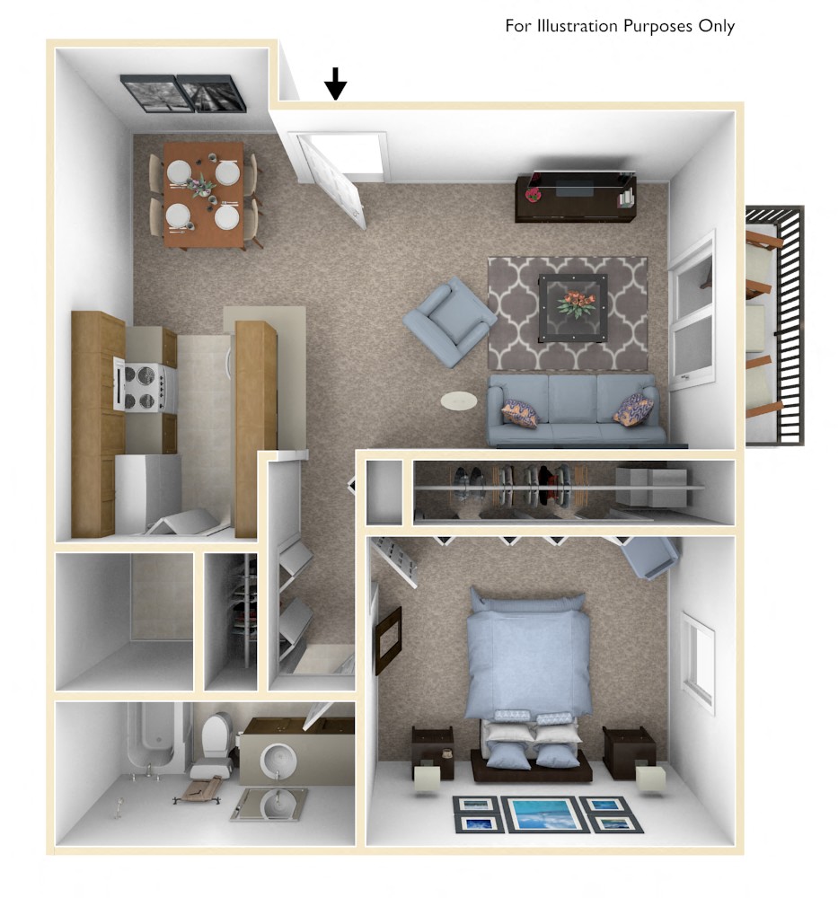 Floor plan for 1 bed, 1 bath, 740 sqft
